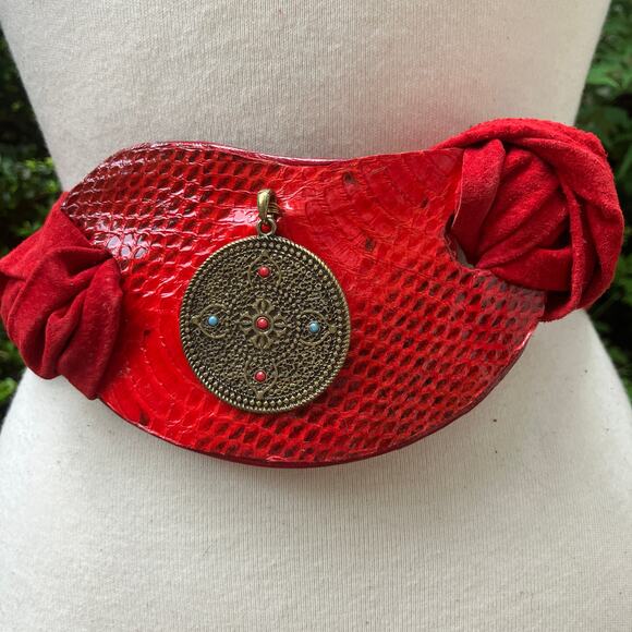 Handmade Leather Belt OOAK Tie Wrap 41” Red Suede Reptile Bohemian Artsy Gypsy - Picture 1 of 12